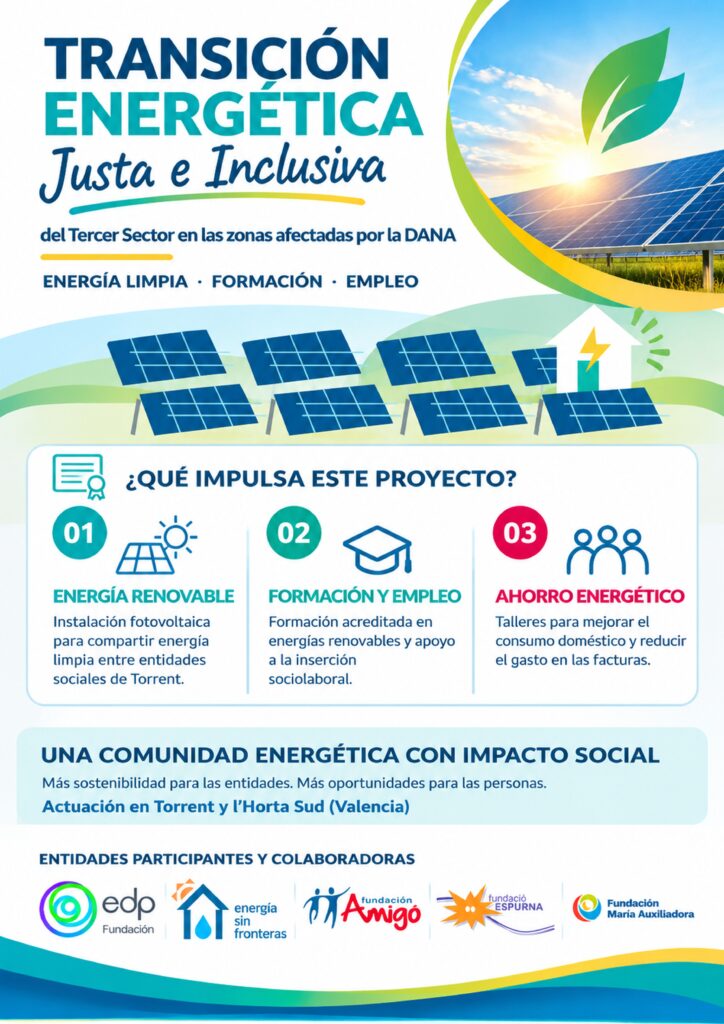 En Fundació Espurna seguimos apostando por iniciativas que promueven la sostenibilidad, la inclusión social y la igualdad de oportunidades. Por ello, participamos en el proyecto «Transición energética justa del Tercer Sector en las zonas afectadas por la DANA», impulsado por Fundación Amigó, con el apoyo de Fundación EDP y la colaboración de Energía sin Fronteras, junto a Fundación María Auxiliadora.